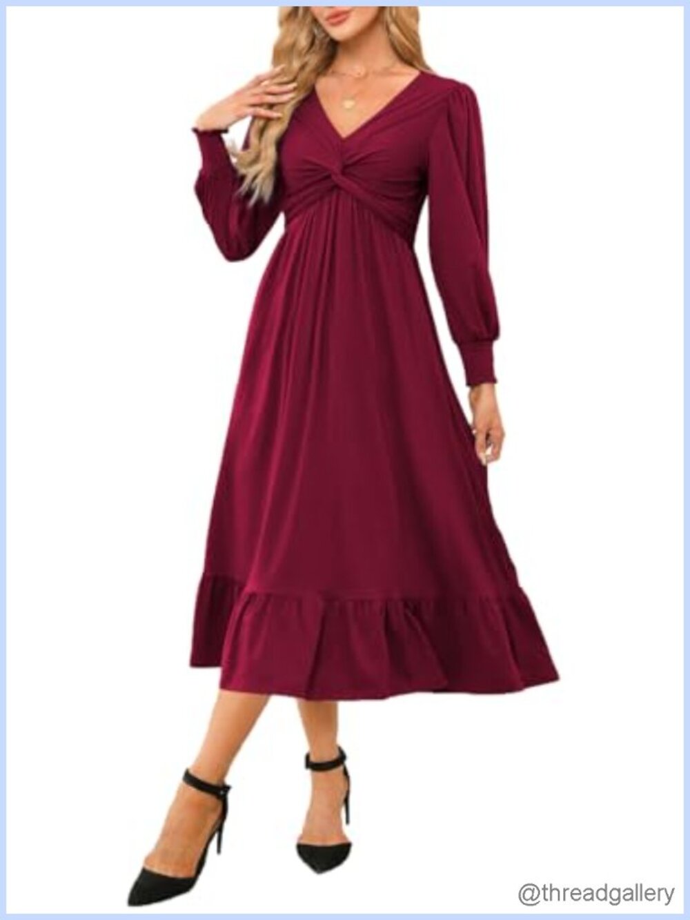 Wrap V-Neck Long Sleeve Midi Maxi Dress with Pockets and Empire Waist